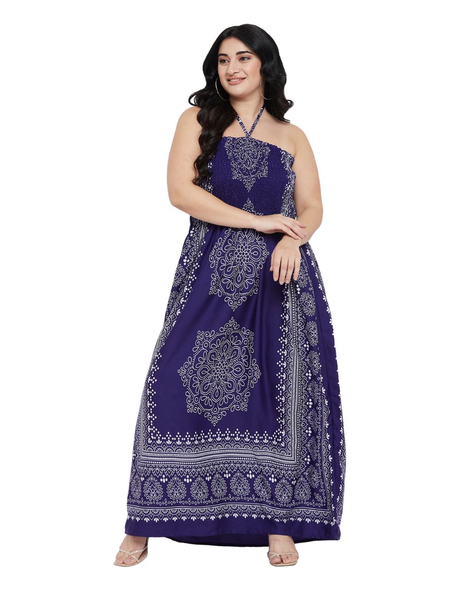 Navy Blue Floral Printed Polyester Tube Dress For Women