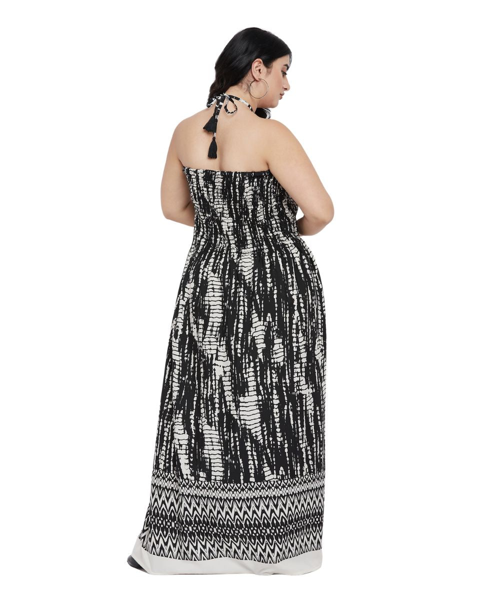 Black Tie Dye Printed Polyester Tube Dress For Women