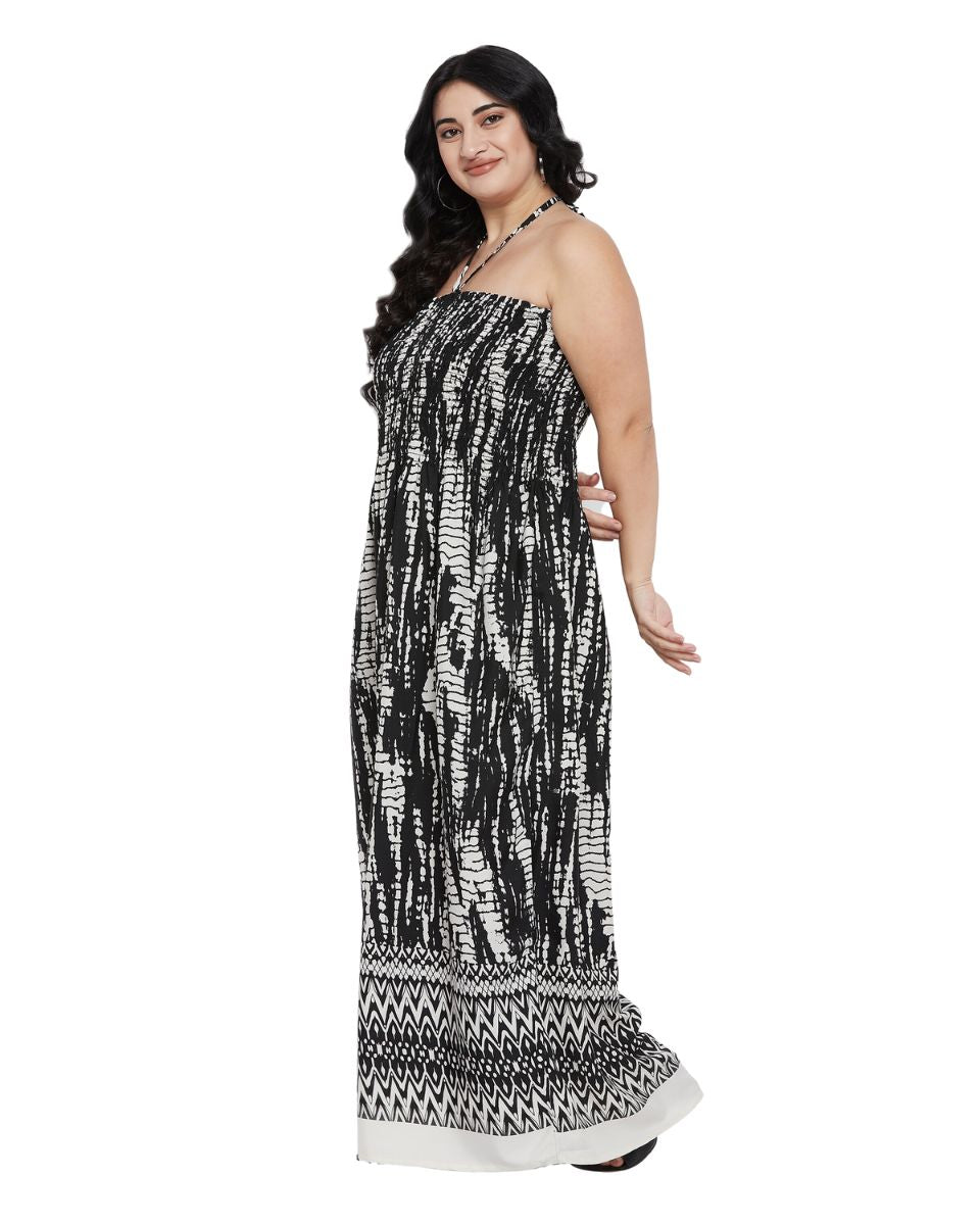 Black Tie Dye Printed Polyester Tube Dress For Women