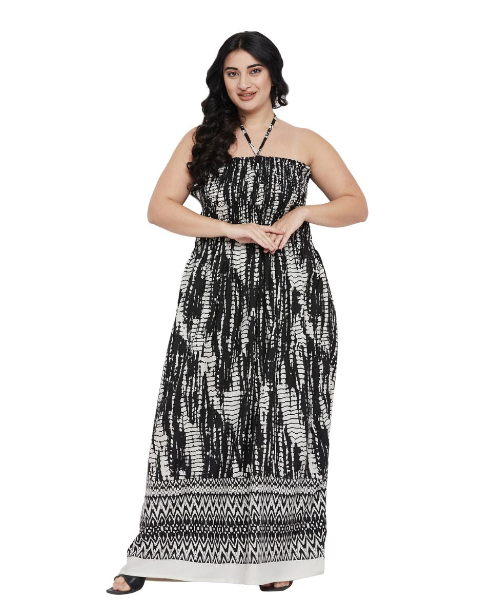 Black Tie Dye Printed Polyester Tube Dress For Women