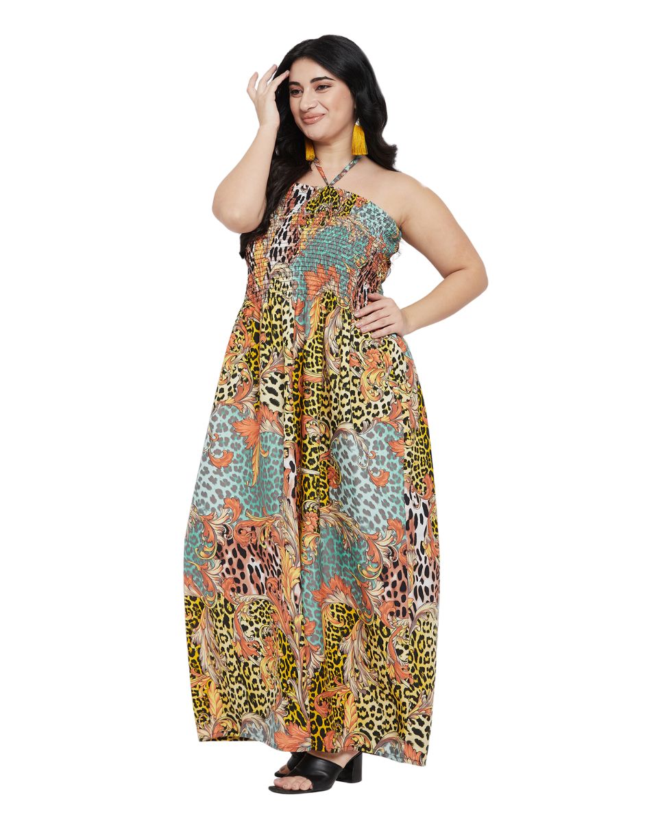 Animal And Floral Print Multicolor Polyester Tube Dress For Women