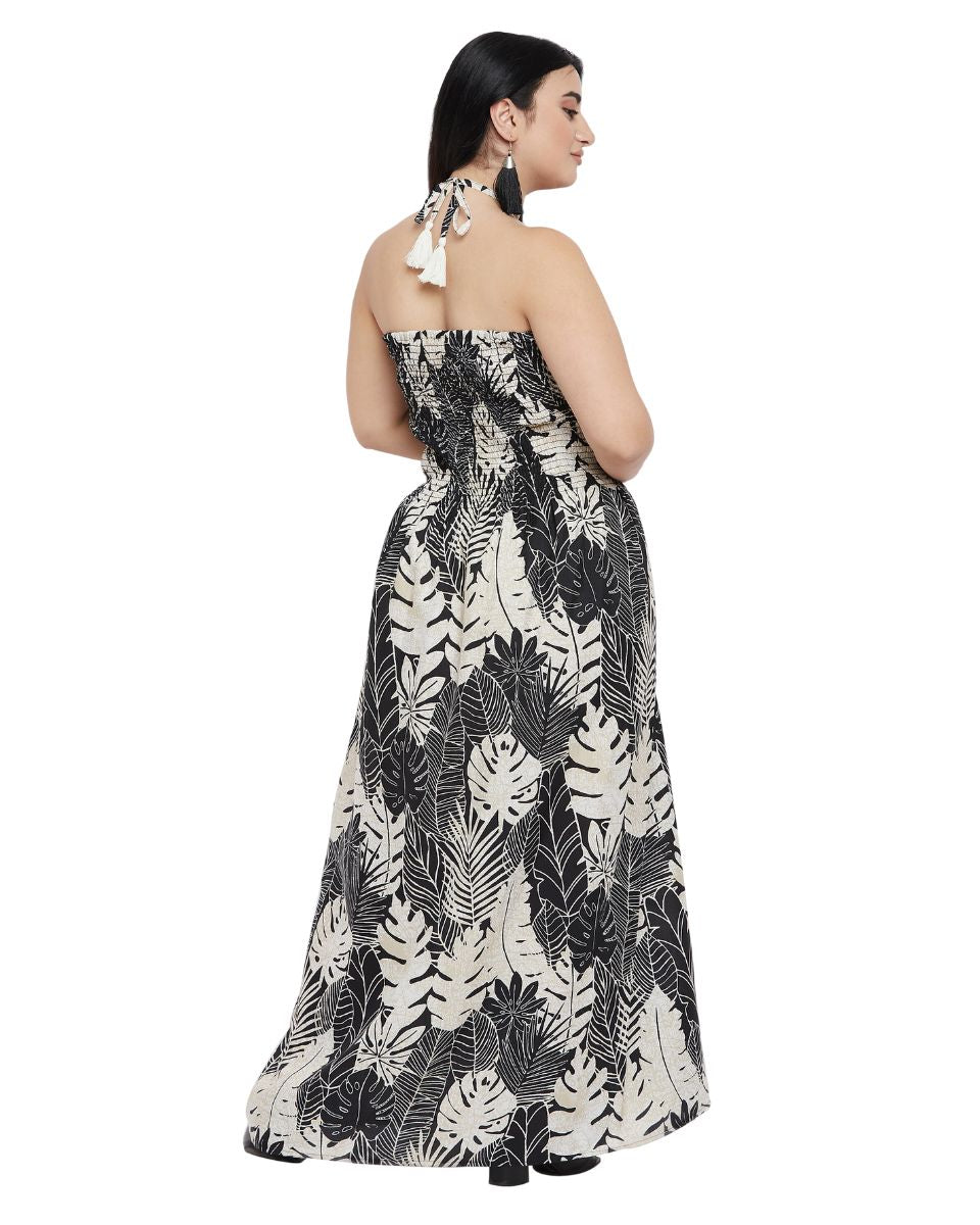 Leaf Printed Black Polyester Tube Dress for Women