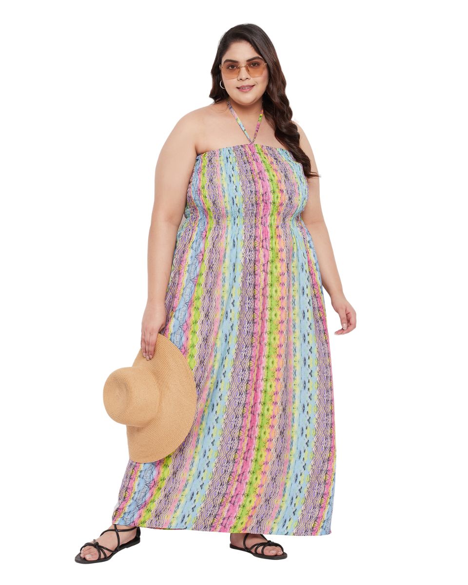 Striped Printed Multicolor Polyester Tube Dress for Women