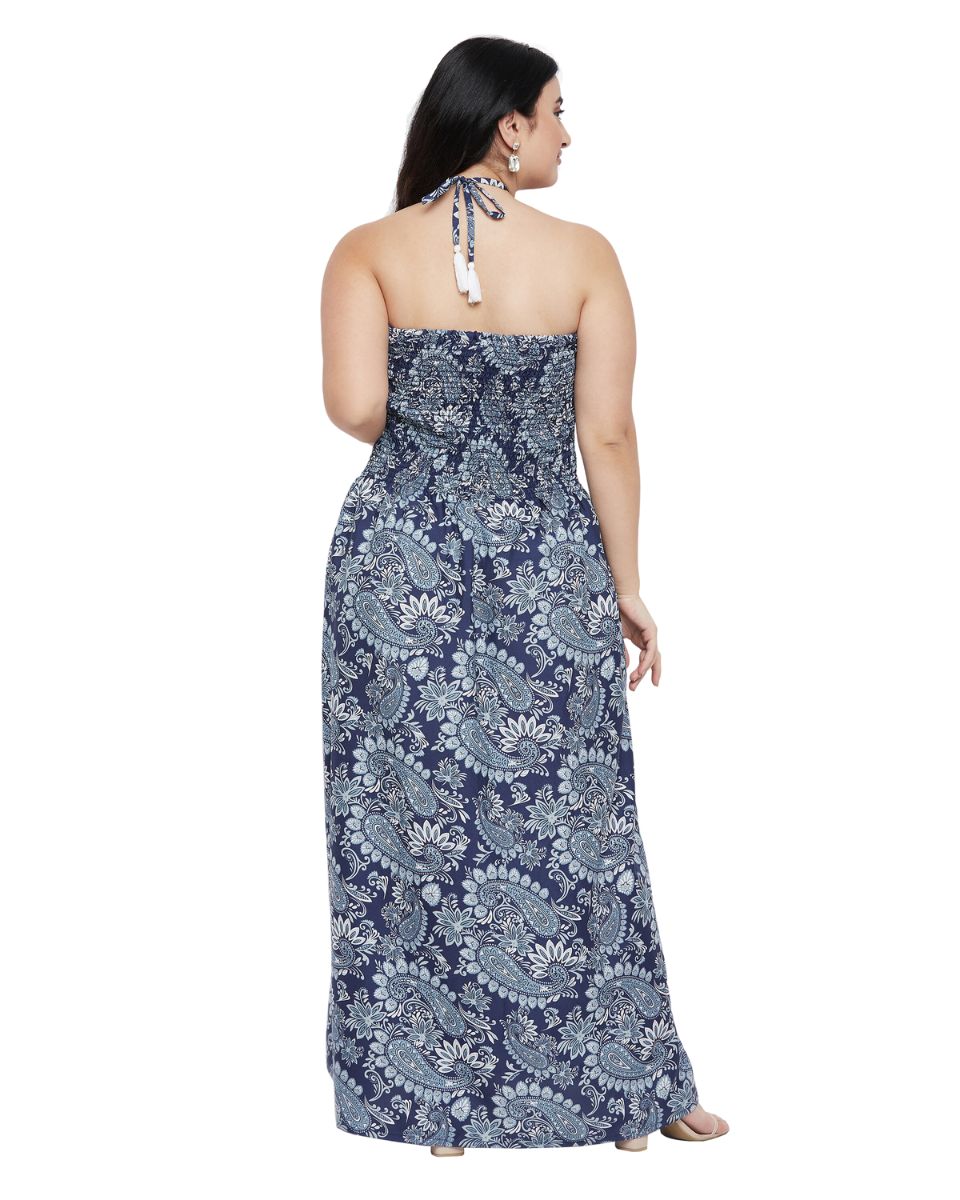 Paisley Printed Blue Polyester Tube Dress For Women