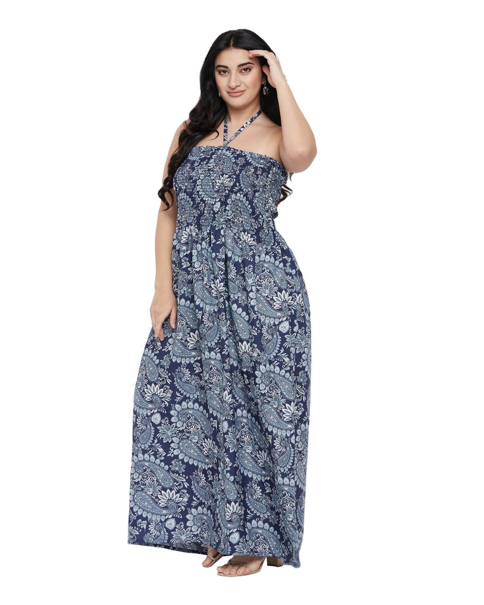 Paisley Printed Blue Polyester Tube Dress For Women