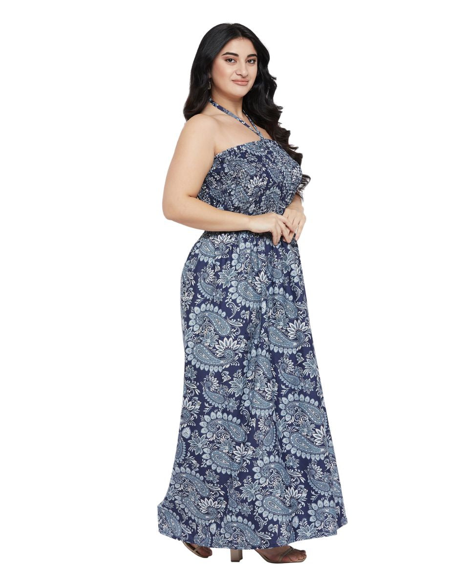 Paisley Printed Blue Polyester Tube Dress For Women