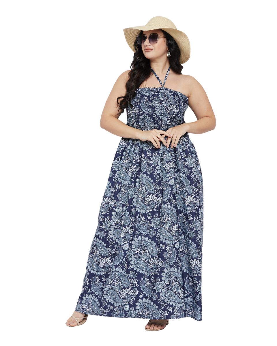 Paisley Printed Blue Polyester Tube Dress For Women