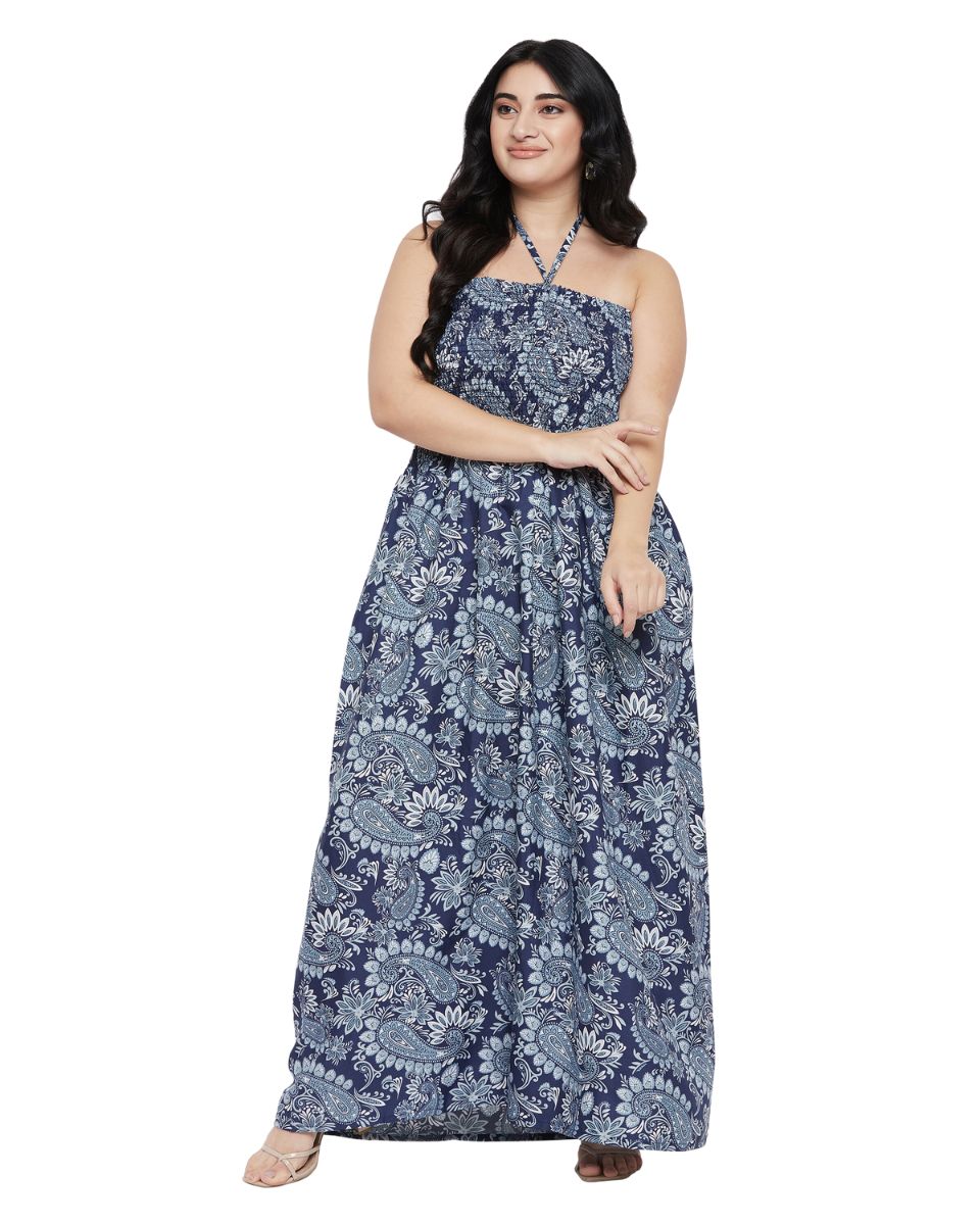 Paisley Printed Blue Polyester Tube Dress For Women